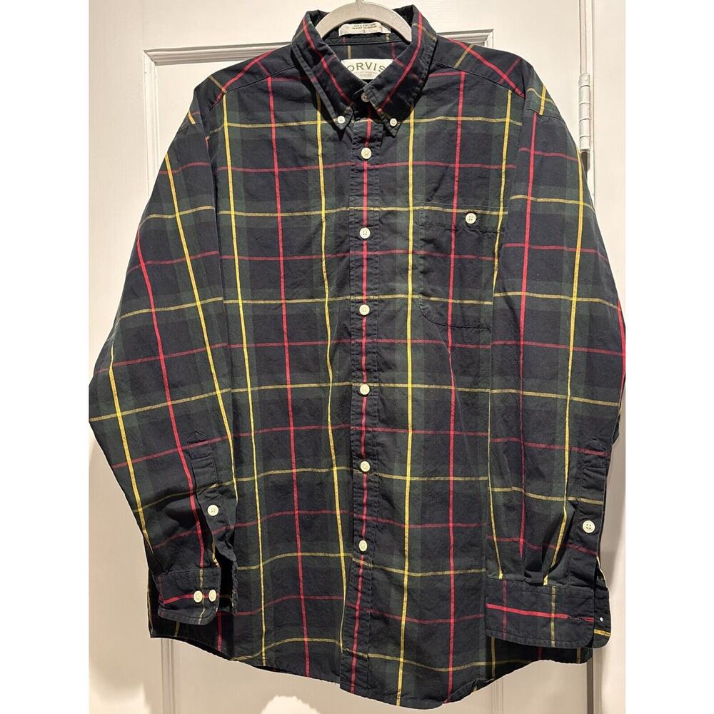 Orvis Mens Green Blue Red Yellow Plaid Large Shirt Long Sleeve Vintage Soft